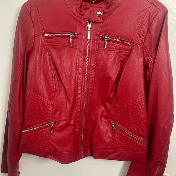 Guess Red faux Leather Motorcycle Jacket with Stand-up Collar - Picture 2 of 8
